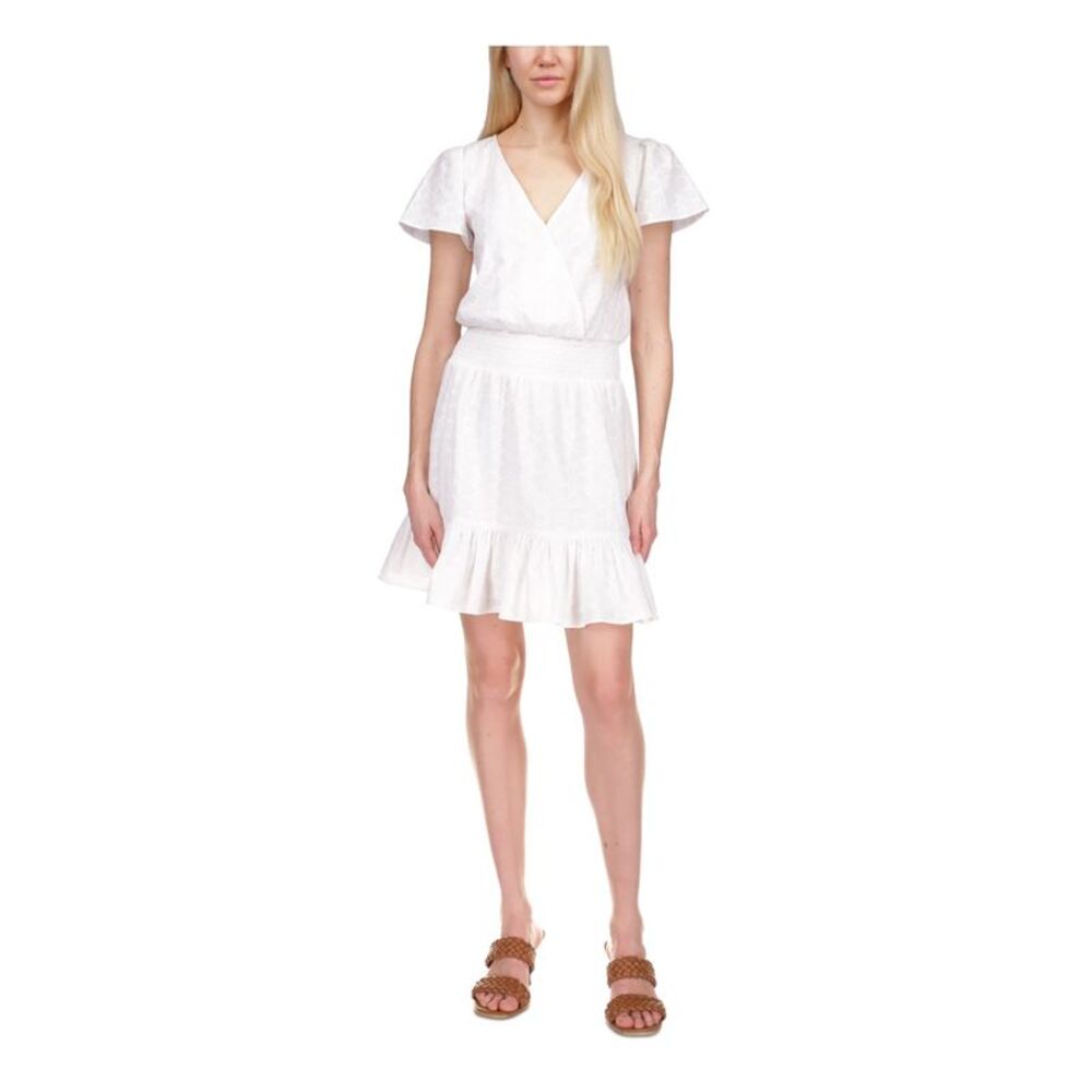 MICHAEL MICHAEL KORS Womens White Pullover Lined Flutter Sleeve Short Dress M